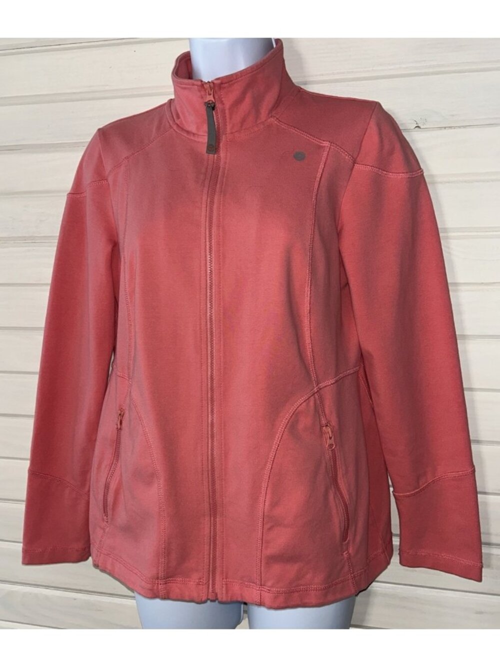 T by Talbots Sz PETITES SMALL SP Knit Jacket Salmon Pink Full Zip Pockets EUC